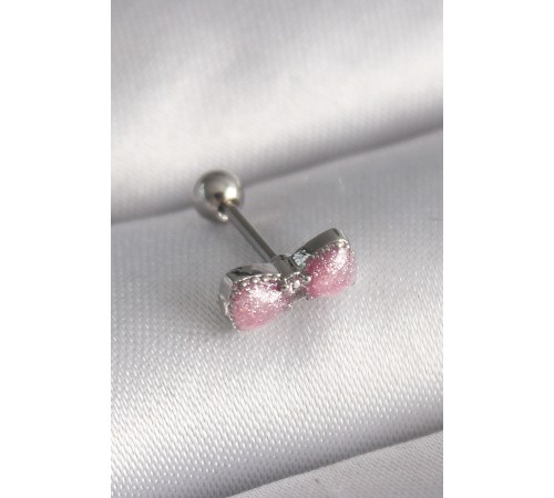 316L Çelik Gümüş Renk Pembe Kurdele Zirkon Taş Detay Tragus Piercing