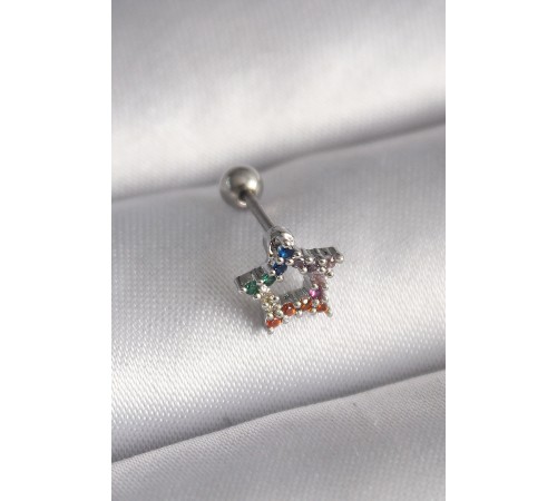 316L Çelik Gümüş Renk Renkli Zirkon Taşlı Yıldız Model Tragus Piercing