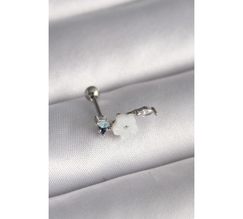 316L Çelik Gümüş Renk Zirkon Taş Detay Beyaz Çiçek Model Tragus Piercing
