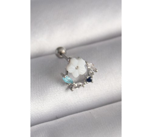 316L Çelik Gümüş Renk Zirkon Taş Detay Beyaz Çiçek Model Tragus Piercing