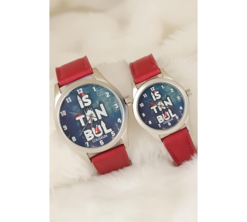 Bordo Renk Deri Kordonlu İstanbul Tasarımlı Sevgili Saatleri