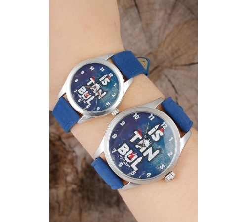 İstanbul Tasarım Lacivert Deri Kordonlu Sevgili Saatleri