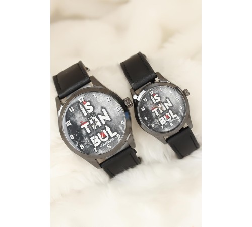 Siyah Renk Deri Kordonlu İstanbul Tasarımlı Sevgili Saatleri