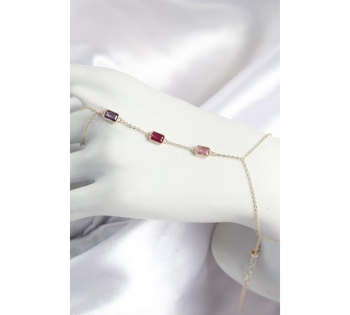 Pirinç Renkli Zirkon Taşlı Dikdörtgen Model Gold Renk Kadın Şahmeran