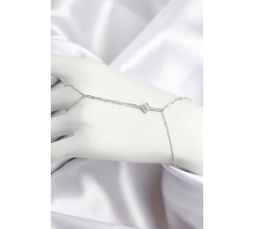 Pirinç Zirkon Taşlı Mavi Boncuklu Yonca Model Gümüş Renk Şahmeran