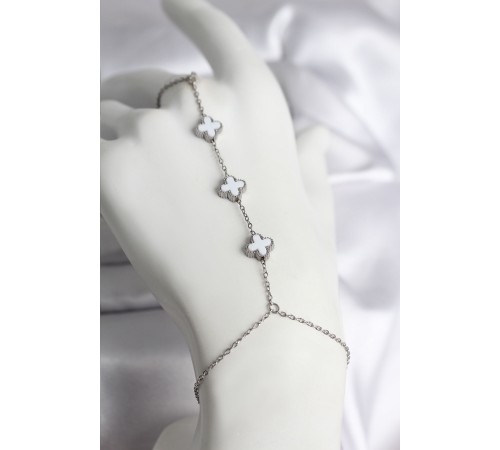 316L Çelik Gümüş Renk Beyaz Yonca Model Kadın Şahmeran