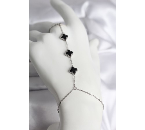 316L Çelik Gümüş Renk Siyah Yonca Model Kadın Şahmeran