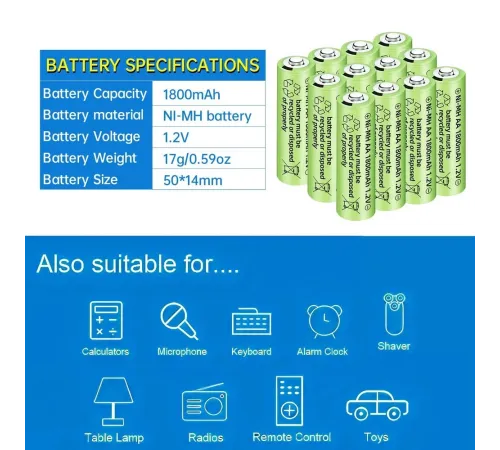 1800 mAh 1.2V AA Ni-Mh Şarj Edilebilir Pil 12 Adet