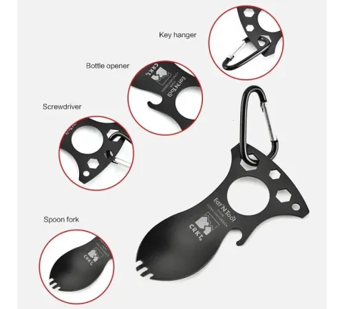 CRKT 9100K Eat’N Tool Karabina Çok Fonksiyonlu Karabina Tornavida Lokma Açacak Çatal Kaşık
