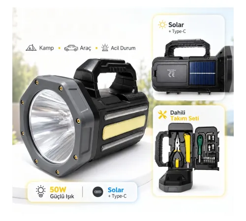 Gold Police GP-620 Solar Şarjlı 50 Watt Güçlü Kamp El Feneri Takım Çantalı