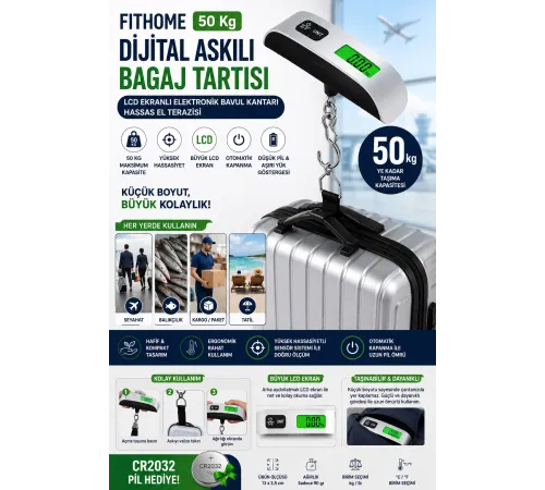 Fithome 50 Kg Dijital Askılı Bagaj Tartısı LCD Ekranlı Elektronik Bavul Kantarı Hassas El Terazisi