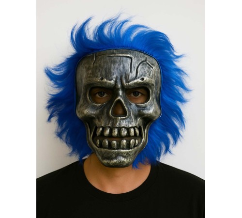 Wild Skull - Gümüş Kafatası Mavi Saçlı İskelet Maske
