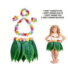 Çocuk Hawaii Kostüm Seti - Yaprak Etek & Hawaii Set - 5 Parça