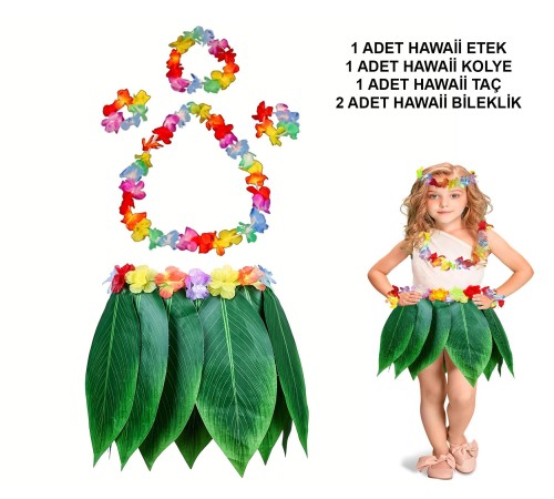 Çocuk Hawaii Kostüm Seti - Yaprak Etek & Hawaii Set - 5 Parça