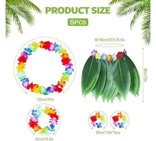 Yetişkin Hawaii Kostüm Seti - Yaprak Etek & Hawaii Set - 5 Parça