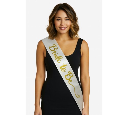 Beyaz Saten Üzerine El Yazısı İtalik Altın Bride To Be Kuşağı 10 cm Genişlik