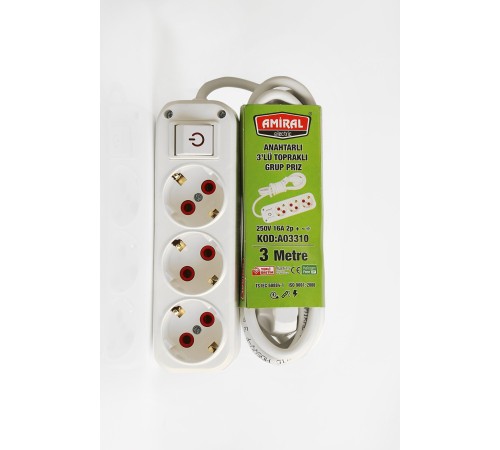 Amiral 3' lü Topraklı Anahtarlı 3 Metre Kablolu Grup Priz