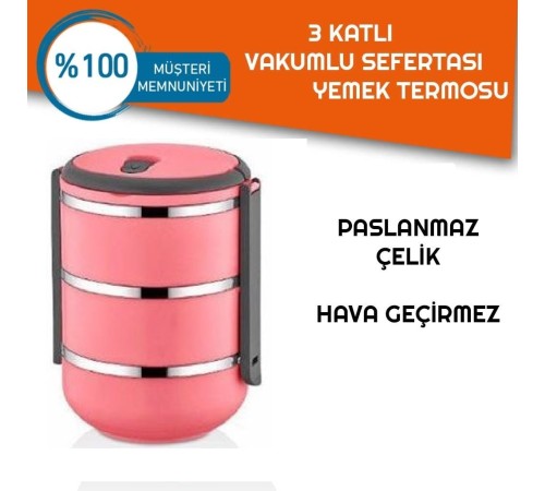 Sefer Tası Yemek Termosu Saklama Kabı Termosu 3lü - Pembe