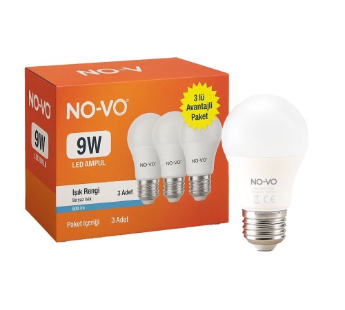 NO-VO 3LÜ AVANTAJ PAKET 9W BEYAZ LED AMPUL E27 806LM 6500K 15.000 SAAT ÖMÜR