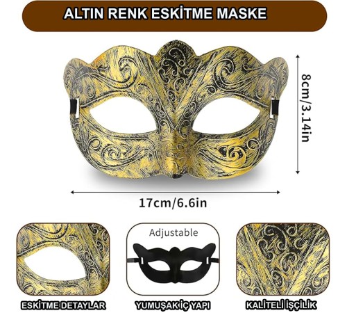Altın Renk Eskitme Maskeli Balo Maskesi – Venedik Tarzı Parti Maskesi