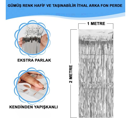 Gümüş Renk Ekstra Metalize Parlak Saçaklı Arka Fon Perde İthal A Kalite 1x2 Metre