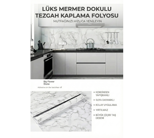 Beyaz Mermer Desenli Yapışkanlı Tezgah Folyosu (3 mt.x 60 cm)