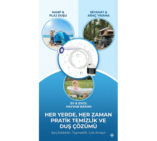 Taşınabilir Şarjlı Seyyar Duş Seti ( Pompa - Hortum - Duş Başlığı )