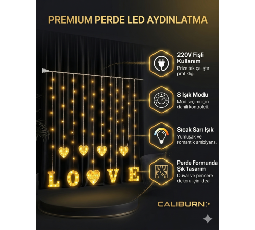 3 Metre Perde Led Işık - 8 Modlu Kalp ve LOVE Figürlü Dekoratif Animasyonlu Led