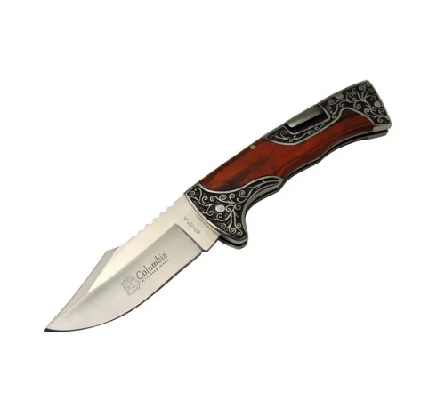 Columbia B3157A İşlemeli Kamp Çakı 22 cm - Gül Ağacı Saplı, Manuel Açılma