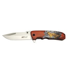 Mtech Y 12K Kahverengi Kamp Çakı 21,5cm - Yarı Otomatik, Kemerlikli, Kurt Baskılı Ahşap Sap