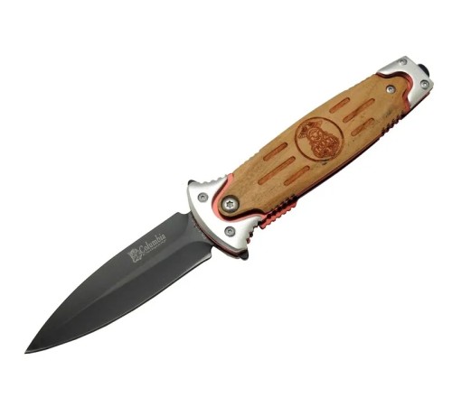 Columbia FS 11031 Kahverengi Kamp Çakı 20cm- Police İşlemeli, Ahşap Sap, Kemerlikli, Cam Kırma Aparatlı