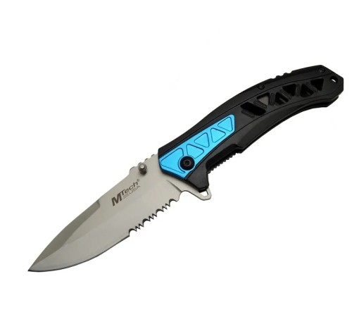 Mtech 4193 Mavi Kamp Çakı 21cm - Yarı Otomatik, Kemerlikli, Testere Detaylı, Desenli Sap