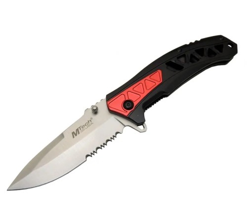 Mtech 4192 Kırmızı Kamp Çakı 21cm - Yarı Otomatik, Kemerlikli, Testere Detaylı, Desenli Sap