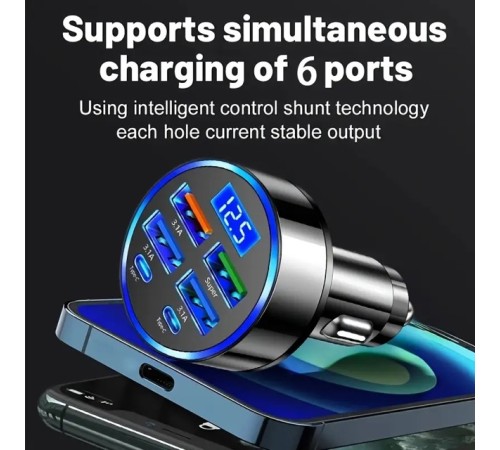6 Portlu Hızlı Araç Şarj Cihazı – 4 USB + 2 Type-C Çıkışlı Dijital Göstergeli Oto Şarjı