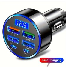 6 Portlu Hızlı Araç Şarj Cihazı – 4 USB + 2 Type-C Çıkışlı Dijital Göstergeli Oto Şarjı