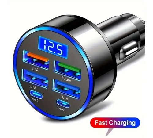 6 Portlu Hızlı Araç Şarj Cihazı – 4 USB + 2 Type-C Çıkışlı Dijital Göstergeli Oto Şarjı