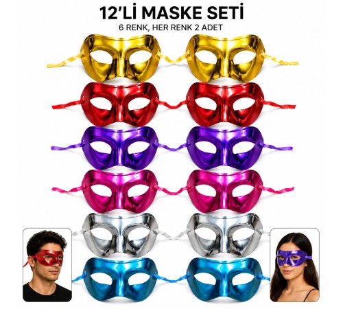12'li Metalik Venedik Toptan Parti Maskesi Seti – 6 Renk Karışık