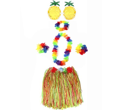 Yetişkin ve Çocuk Uyumlu Luau Aloha Hawaii Rengarenk 40 cm Etek Ananas Şekilli Gözlük Hawaii Kolye Renkli Taç ve 2 Adet Bileklik Seti