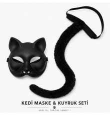Siyah Kedi Maskesi ve Peluş Kuyruk Kostüm Seti 70 cm