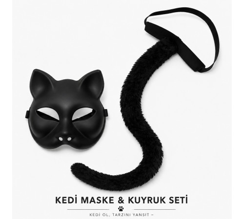 Siyah Kedi Maskesi ve Peluş Kuyruk Kostüm Seti 70 cm