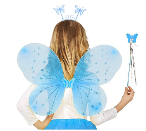 Mavi Kelebek Erkek-Kız Seti – 50 cm Kelebek Kanadı, Taç ve Asa