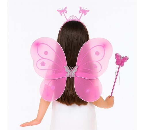 Pembe Kelebek Kız Seti – 50 cm Kelebek Kanadı, Taç ve Asa