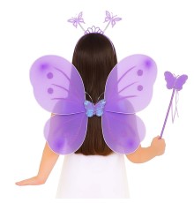 Lila Mor Kelebek Kız Seti – 50 cm Kelebek Kanadı, Taç ve Asa