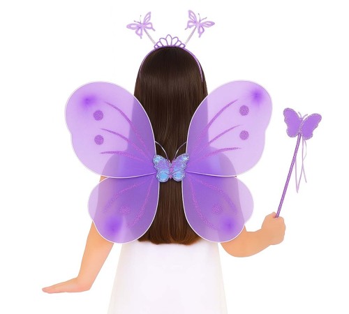 Lila Mor Kelebek Kız Seti – 50 cm Kelebek Kanadı, Taç ve Asa