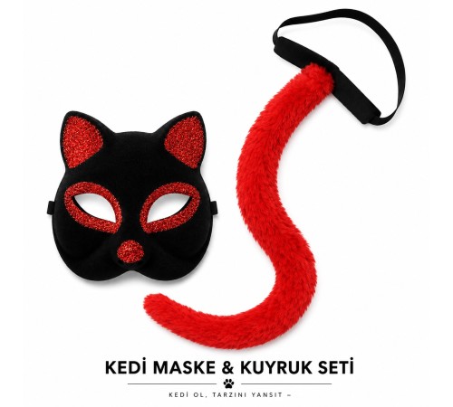 Kırmızı Kedi Maske ve Kuyruk Seti Parti Kostüm Aksesuarı