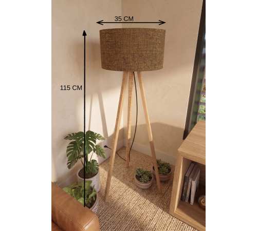 3 Ayaklı Tripod Lambader Tütün Kahve Kumaş Başlık