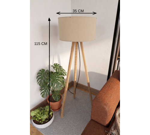 3 Ayaklı Tripod Lambader Bej Kumaş Başlık