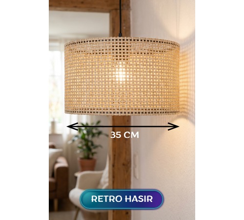 Retro Hasır Kumaş Başlıklı Sarkıt Avize 35 CM