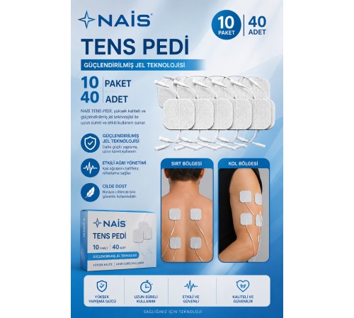 10 Paket, 40 Adet NAİS GOLD Tens Elektrod Pedi 5x5 cm Extra Güçlendirilmiş Yapışkanlı Kumaş, TENS Pedi Elektrot – Cilt Dostu Jel – Yüksek İletkenlik – TENS Cihazları ile Uyumlu