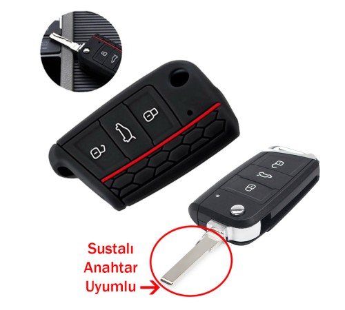 Seat Ibiza Leon Ateca Sustalı Anahtar Uyumlu Silikon Oto Anahtar Kumanda Kabı Siyah Kırmızı
